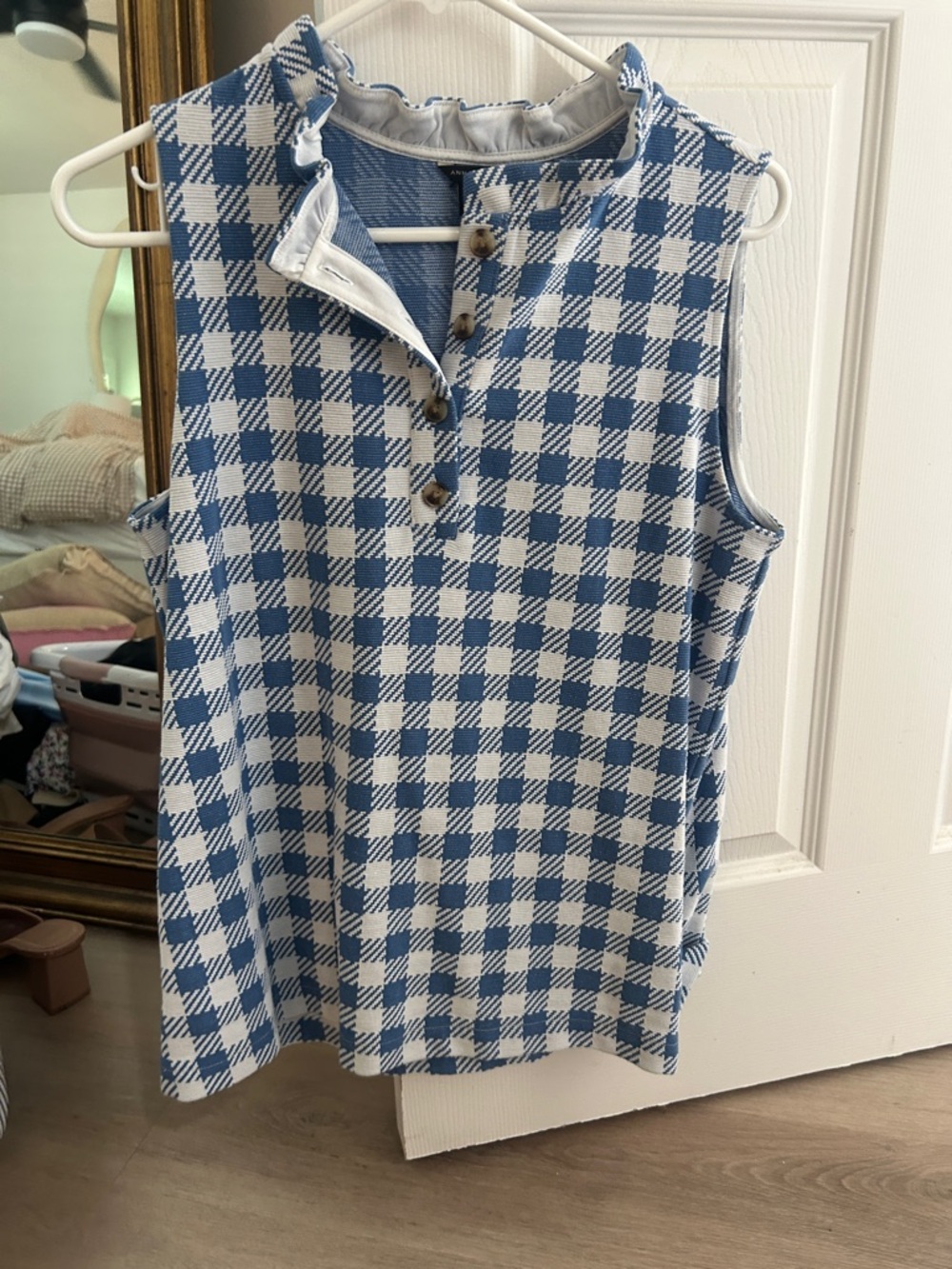 Ann Taylor - Blue and White Gingham Sleeveless Button Top